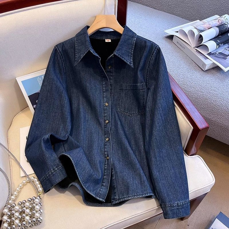 fleece-lined Thickened dark blue Wash Denim Shirt Women's Coat Winter Small All-match Stacked Design Shirt fleece-lined Thickened dark blue Wash Denim Shirt Women's Coat Winter Small All-match Stacked Design Shirt