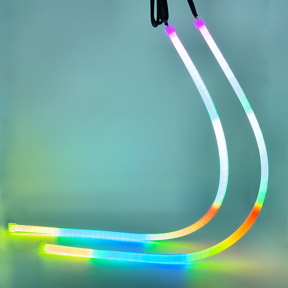 New car LED headlights with start-up scanning daytime running lights, app-controlled color-changing light guide, dual-color sequential flowing lights, and turn signal function