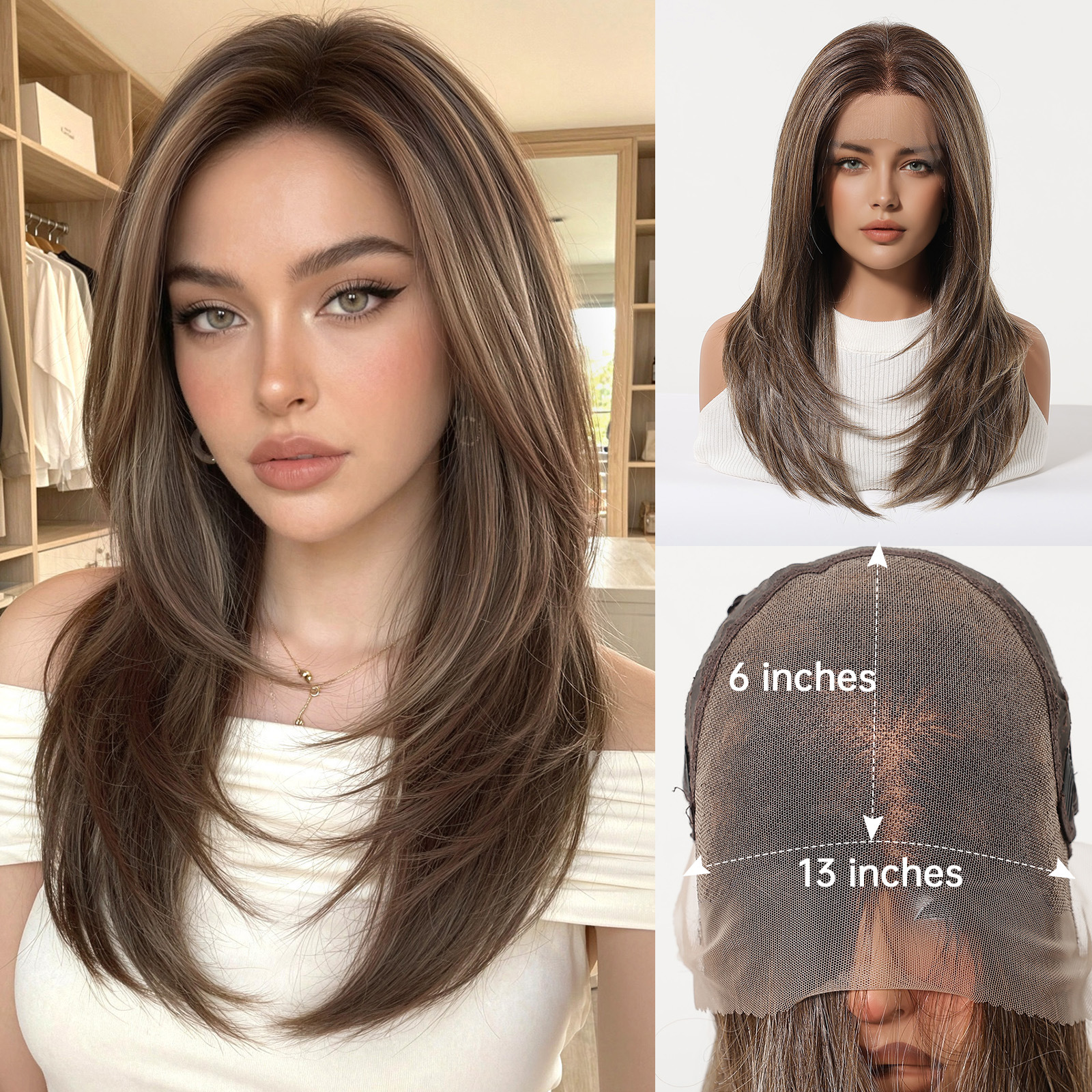 Peluca de encaje transfronteriza 13*6HD de gran superficie con raya al medio, cabello largo y liso negro-marrón, peluca de encaje completa de moda.