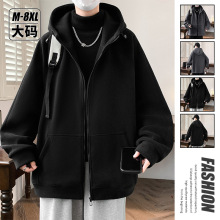 跨境外贸男士大码连帽开衫卫衣重磅奥粒绒大体重加绒加厚黑色灰色