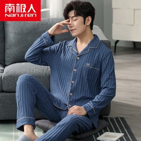 Pijamas de los hombres manga larga 100% algodón primavera, otoño e invierno algodón flojo más tamaño traje desgaste del hogar