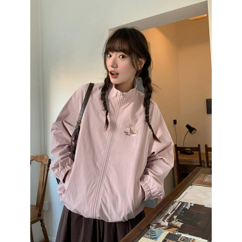 Щенки с вышивкой женский воротник куртка весна 2025 новый розовый молния топ свободный бейсбольный костюм тонкий
