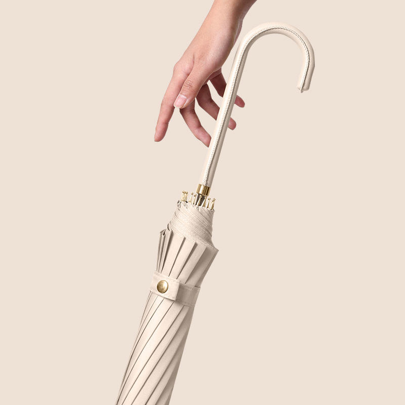 Leather Handle 16-Rib Long Handle Straight Umbrella, Korean Style, Fresh and Simple Design, Plain Color, Sun and Rain Umbrella, Large Size, Business Gift for Women