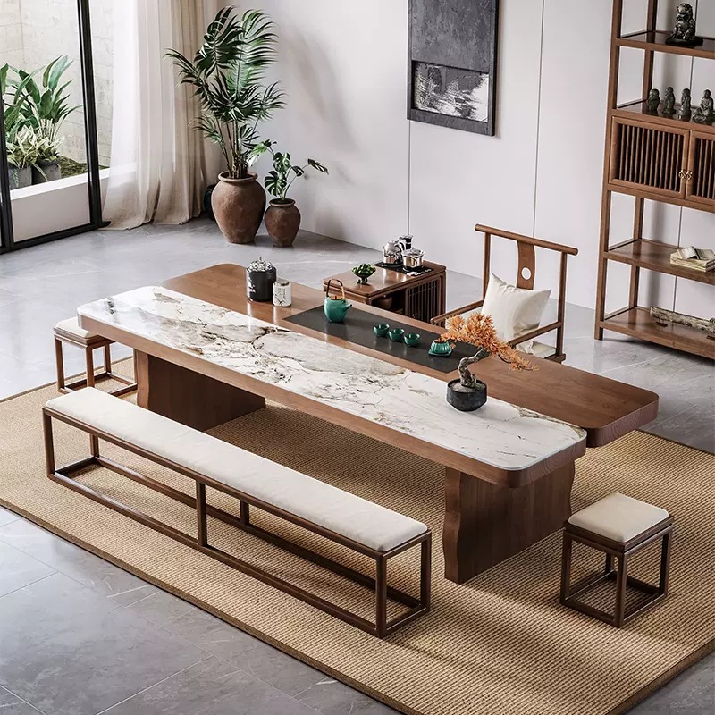 벤치 세트: 티 테이블 1.8m개+호스트 의자+사각형 스툴*2+ 벤치 1.8m개