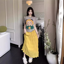 韩系套装女夏季可爱卡通印花短袖针织衫高腰褶皱半身裙时尚两件套