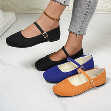 法式单鞋女平底跨境新款一字扣方头浅口气质复古玛丽珍绒面大码43