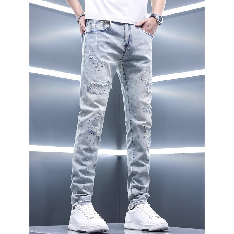 Ink-Splashed Trendy Retro Ripped Jeans for Men, Trendy Brand Slim Fit Men's Casual Summer Stretch Pants for Men