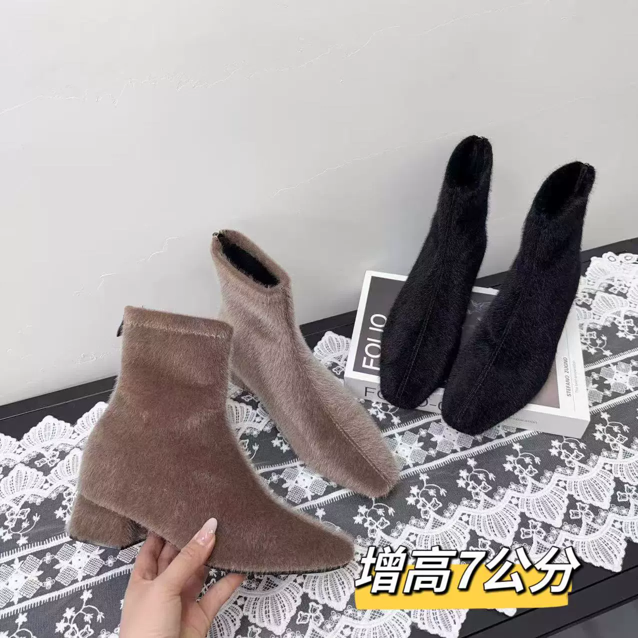 法式内增高加绒短靴女2025秋冬新款靴子加绒毛毛短筒弹力瘦瘦靴