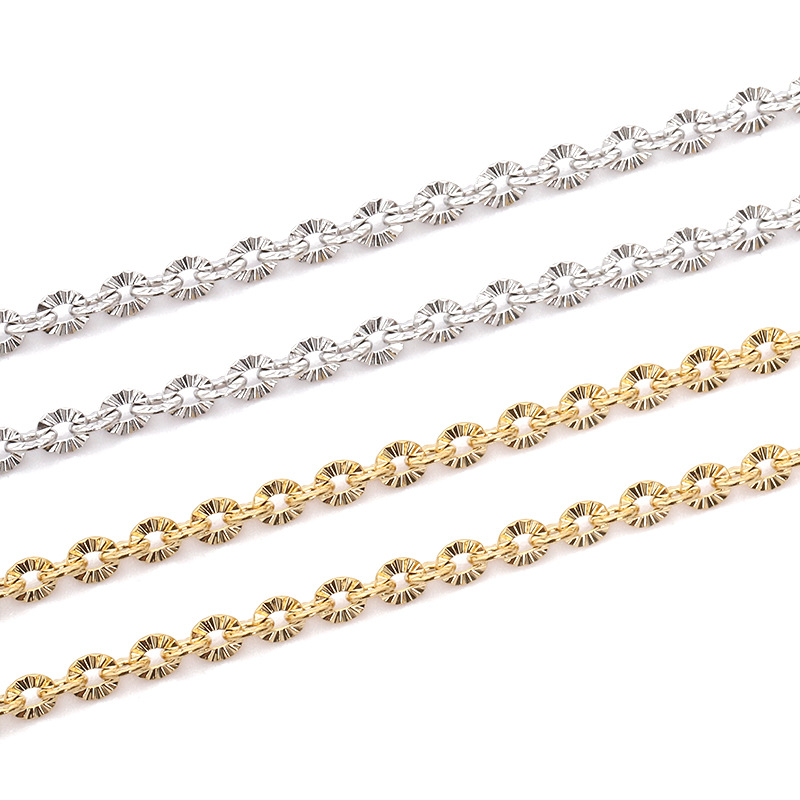 保色18k金雪花链 不锈钢十字压花链条女士手链项链太阳花批花配链