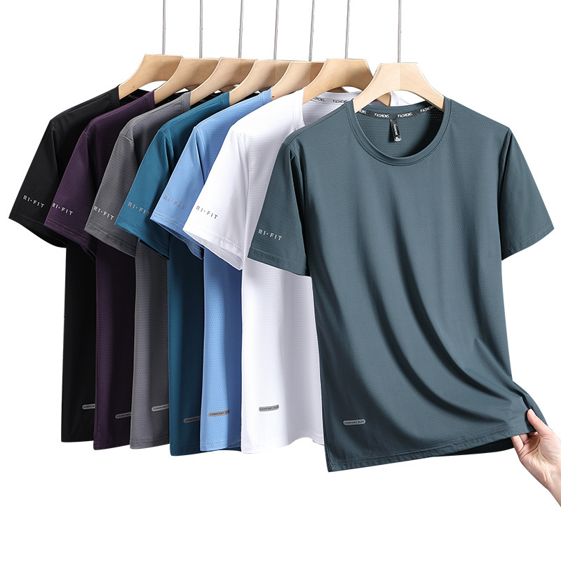 Summer Thin Short-sleeved T-shirt Men's Sports Leisure Quick-drying Breathable Ice Silk plus size Round Neck Half-sleeved Stretch Top