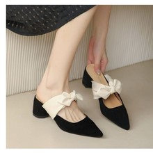 2024夏款小高跟单鞋女粗跟尖头风法式温柔春秋新款包头半拖鞋新款