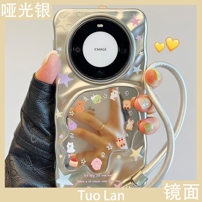 Suitable for Huawei Mate60Pro+ New Phone Case Mate70/50Pro Wave-Shaped Makeup Mirror Pura70 Lanyard