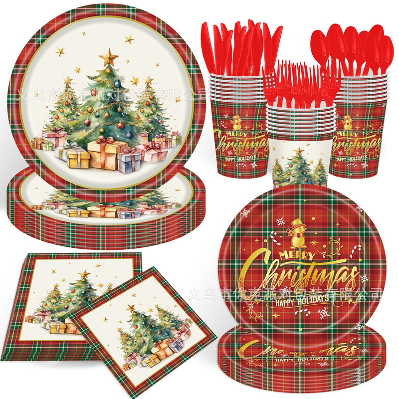 Red Plaid Christmas Paper Tray Watercolor Christmas Tree Disposable Paper Cup Paper Towel Tablecloth Holiday Party Plate