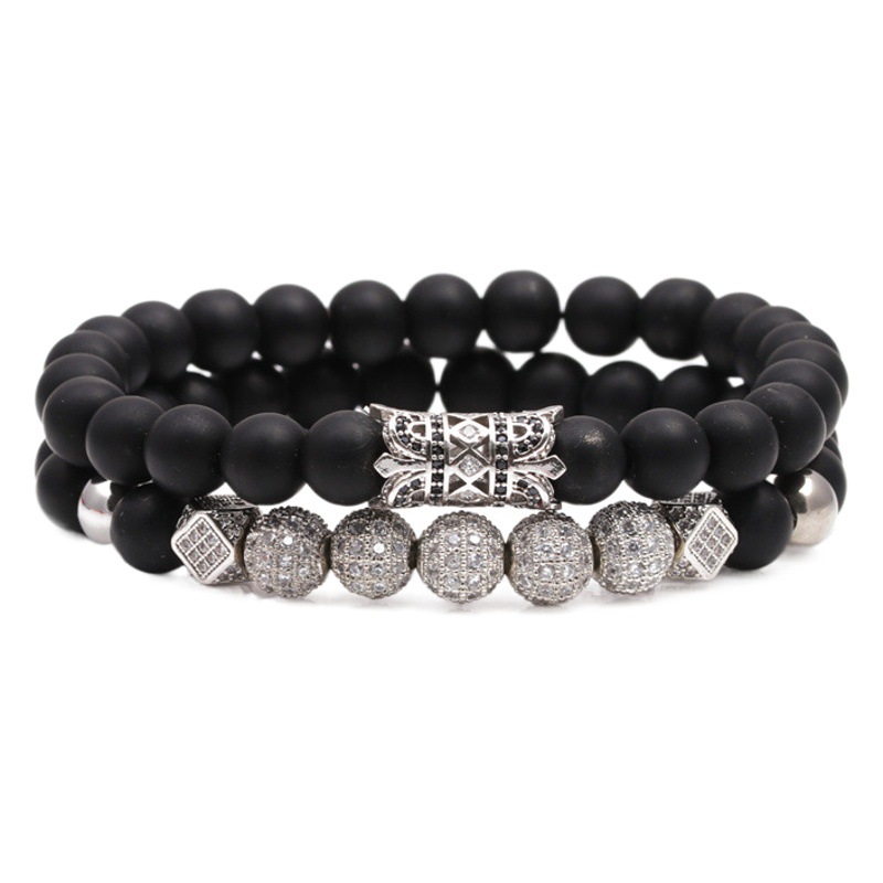 Pulsera de cuentas de piedra volcánica europea y americana transfronteriza azul turquesa corona traje pareja pulsera hombres y mujeres pulsera