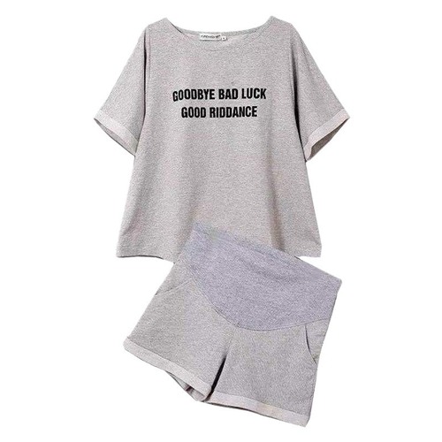 Maternity summer short-sleeve set, outerwear loose version, outdoor casual two-piece maternity pajamas, loose top dress