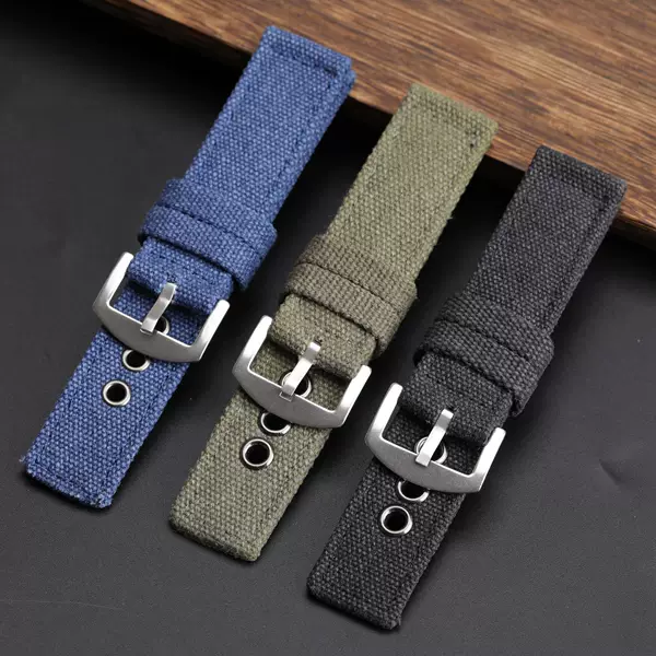 Handmade double-layer canvas strap 20 22 24MM blue green black retro rough style strap men