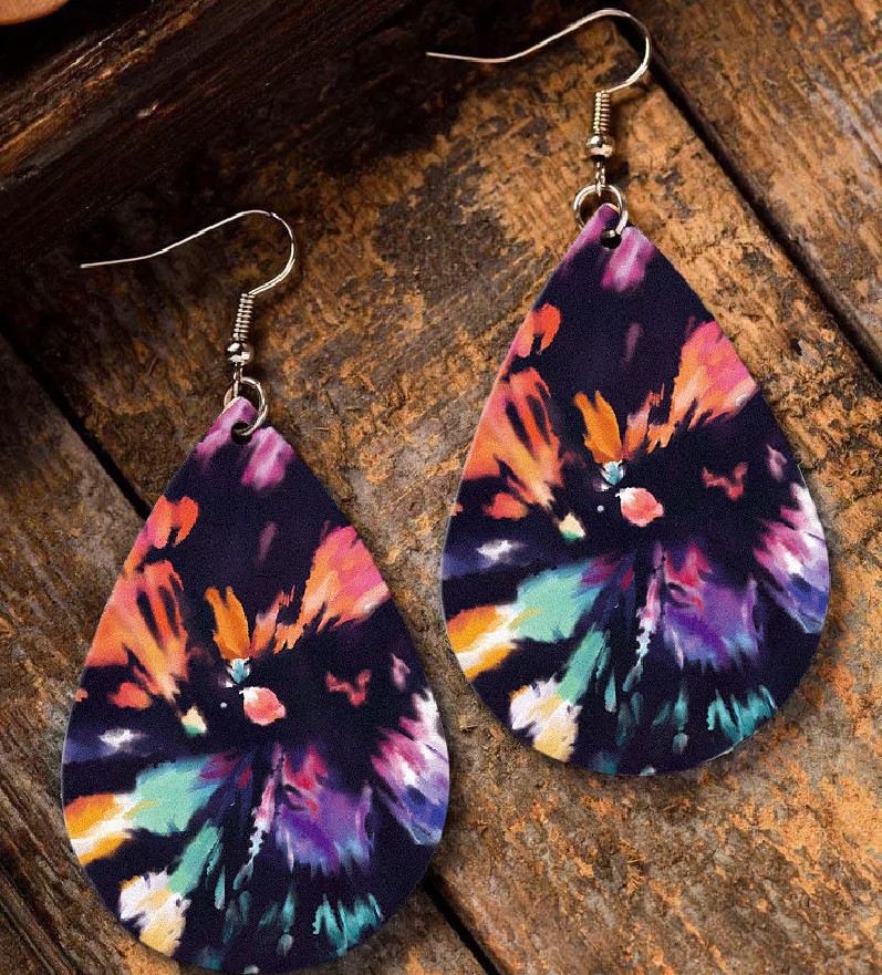 Retro Colorful Tie-dye Printing Pu Leather Earrings display picture 2