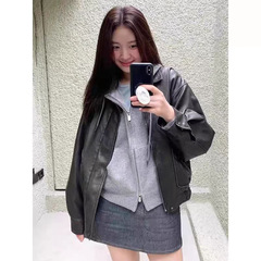GROVE皮衣复古宽松做旧夹克廓形机车拉链翻领外套女