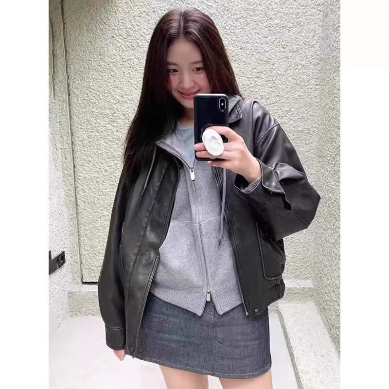 Grove Leather Jacket Retro Loose Distressed Jacket Silhouette Motorcycle Zipper Lapel Jacket for Women