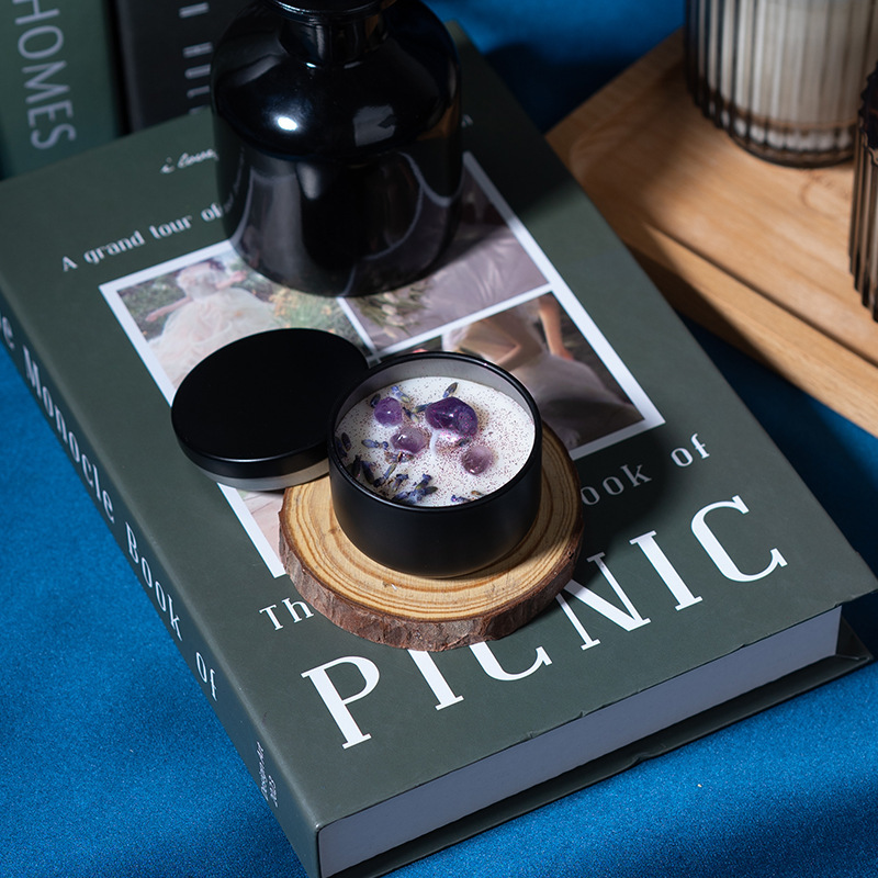 Inventario transfronterizo latas de hierro fragancias mano de regalo lavanda cristal cera de cera de arroz de soja aroma vela