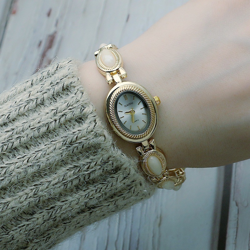 Colorful Imitation Gemstone Bracelet Watch Korean Version Oval Women's Chain Watch Versatile Fresh Style Women's Watch Fashion Trendy Gold Watch