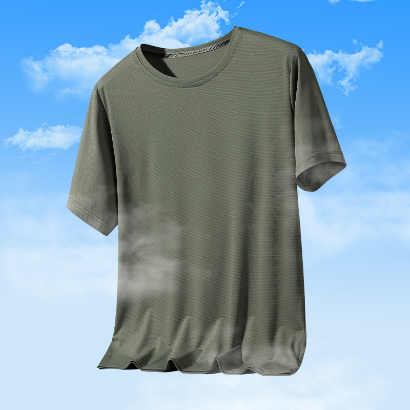 Amazon Ice Silk Air Conditioning Clothes Ultra-thin Breathable T-shirt Men's Elastic Quick-drying Sweater Shirt shopee Trendy AliExpress