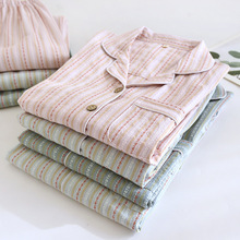 日系棉布条纹情侣睡衣纯棉长袖春秋男女士透气开衫全棉家居服套装