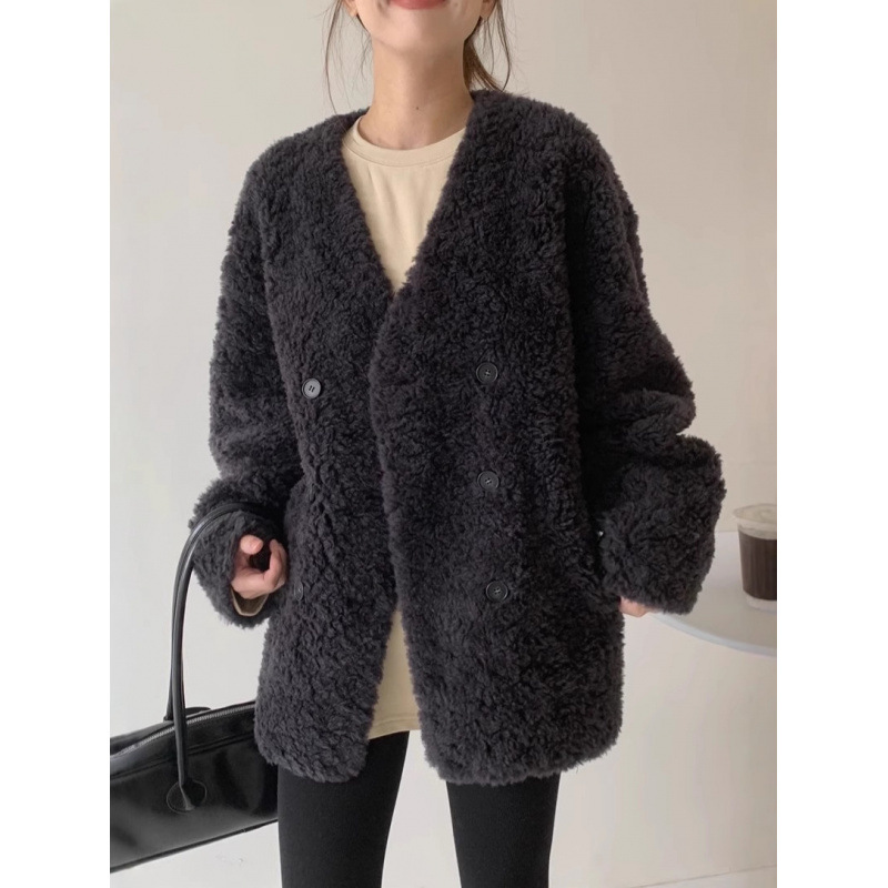 韓国風100%羊毛Vネックミドル丈粒状ベルベットコート レディース 2025冬 ラムウールファー一体型コート