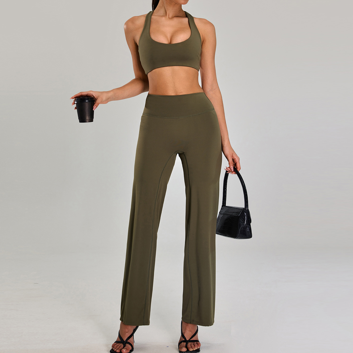 Traje deportivo de alta intensidad europeo y americano, correr al aire libre, ropa de fitness desnuda, cintura alta delgada, ropa de yoga de cinco piezas