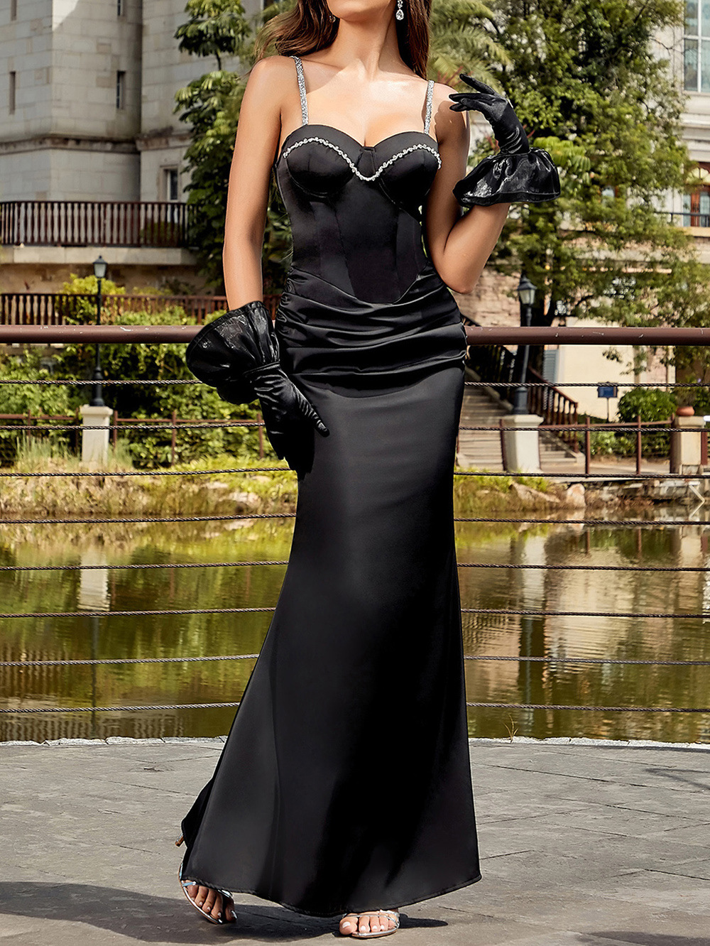 Dress Popular Strap Sexy Tube Top Diamond Chain Fishtail Dress with Gloves Dress