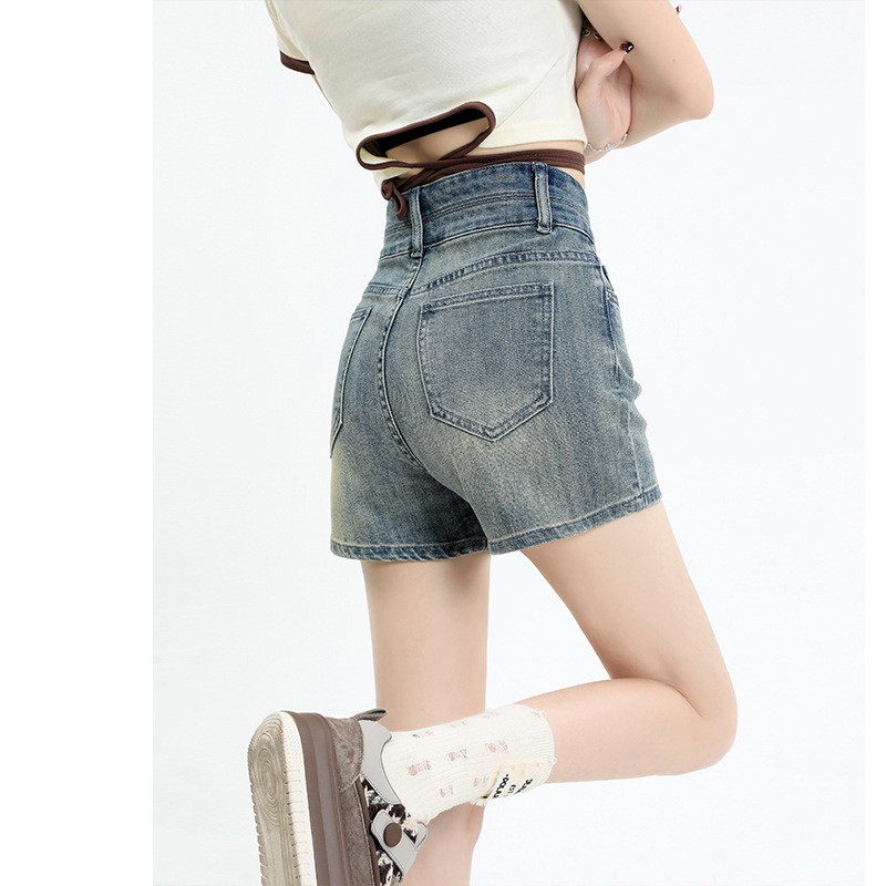 American Style Retro Denim Shorts Women's Summer Thin 2025 New Arrival plus size High Waist Slimming Stretch A- Word Hot Pants Trendy