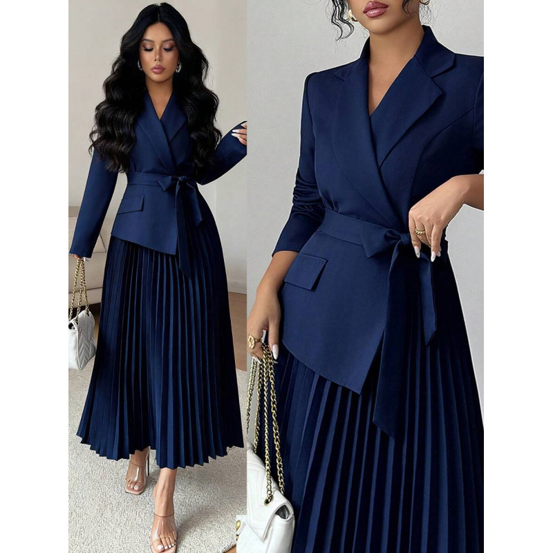 Cross-Border Amazon European and American Summer Two-Piece Elegant Long-Sleeve Waist-Cinching Slimming Pleated Mid-Length Blazer Dress for Women