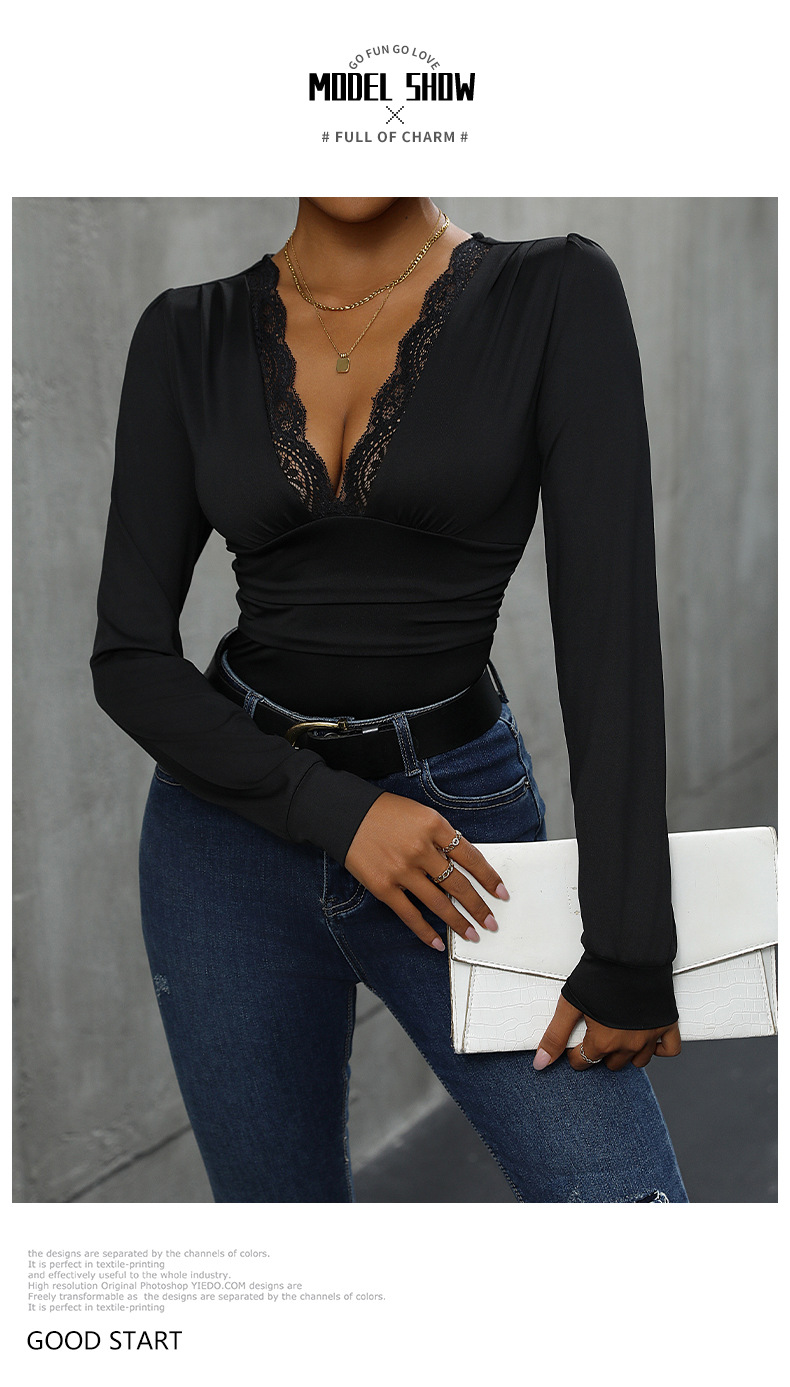 Body-uri elegante cu mânecă lungă, croială slim, cu cusături din dantelă, culoare uni_voghion.com