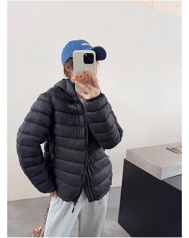 棉衣女短款轻薄细格横纹运动休闲连帽防寒服外套男女同款情侣棉服|undefined