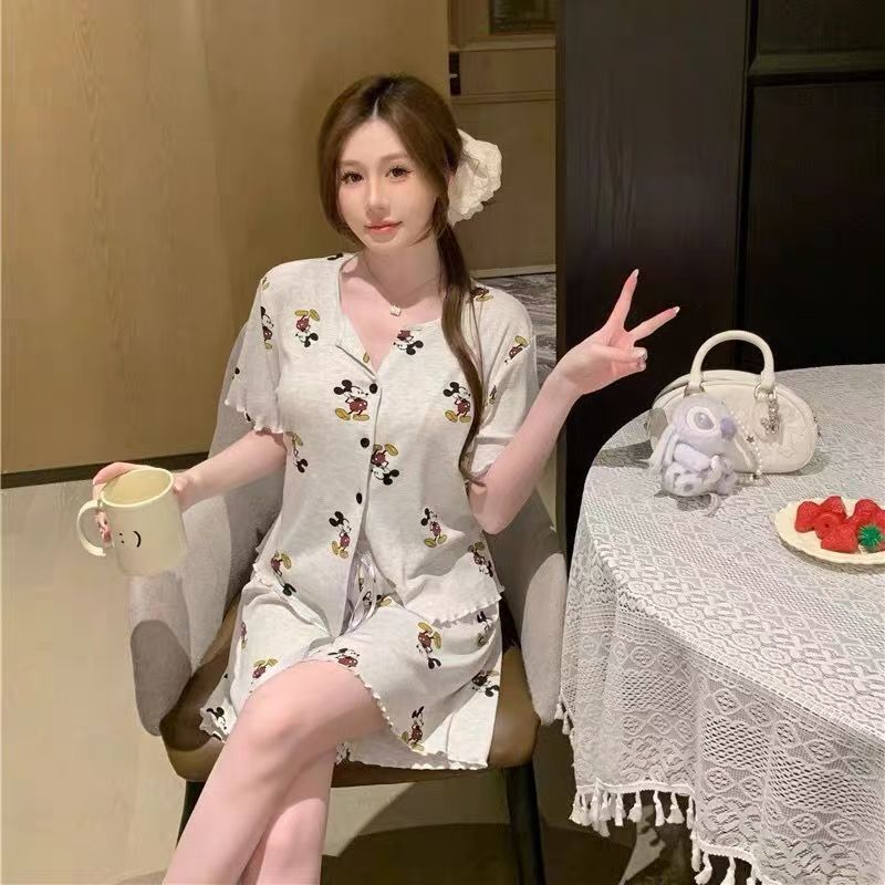 国境を越えたネット赤漫画グレーミッチパジャマ女性夏半袖パンツセット薄い夏カーディガン家服|undefined
