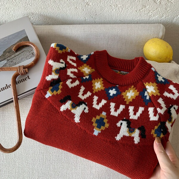 Children's festive cartoon knitted red sweater for men and women