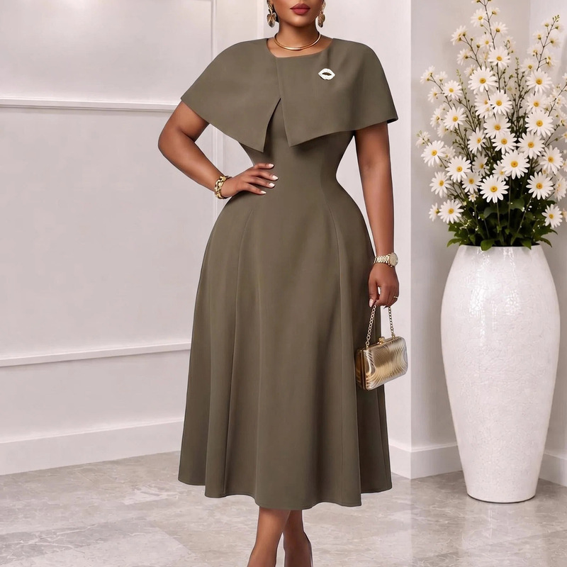D3382 European and American plus-size women's cape shawl dress, round neck, waist-cinching, slimming, A-line midi dress D3382 European and American plus-size women's cape shawl dress, round neck, waist-cinching, slimming, A-line midi dress