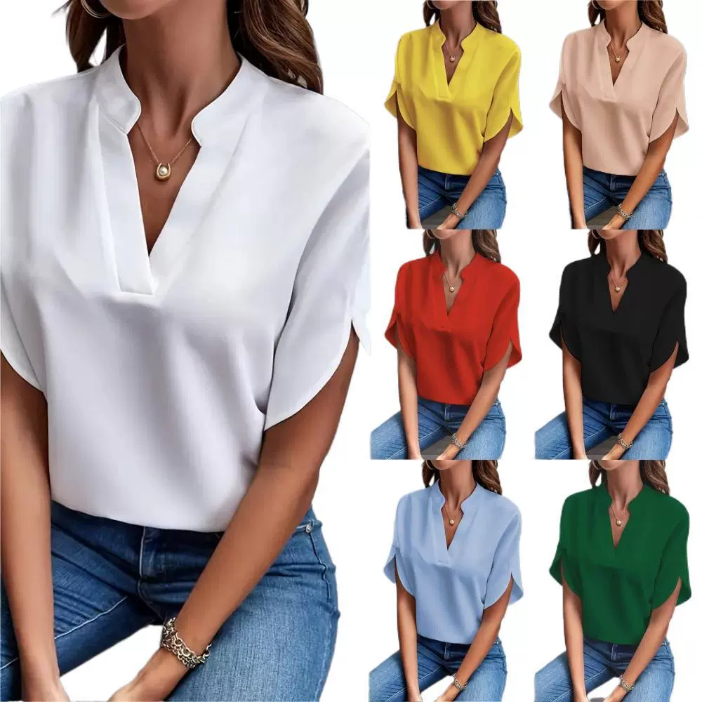 亚马逊欧美跨境外贸女装2025夏季休闲纯色V领宽松衬衫上衣女