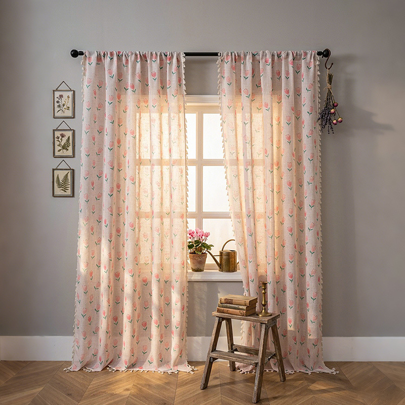 Tende semi-oscuranti floreali in lino e bambù stile rustico_voghion.com