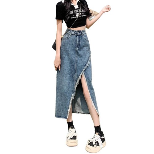 Summer thin high-waisted split denim semi-slip dress with design sense, 2025 retro A-line skirt, body-hugging long dress