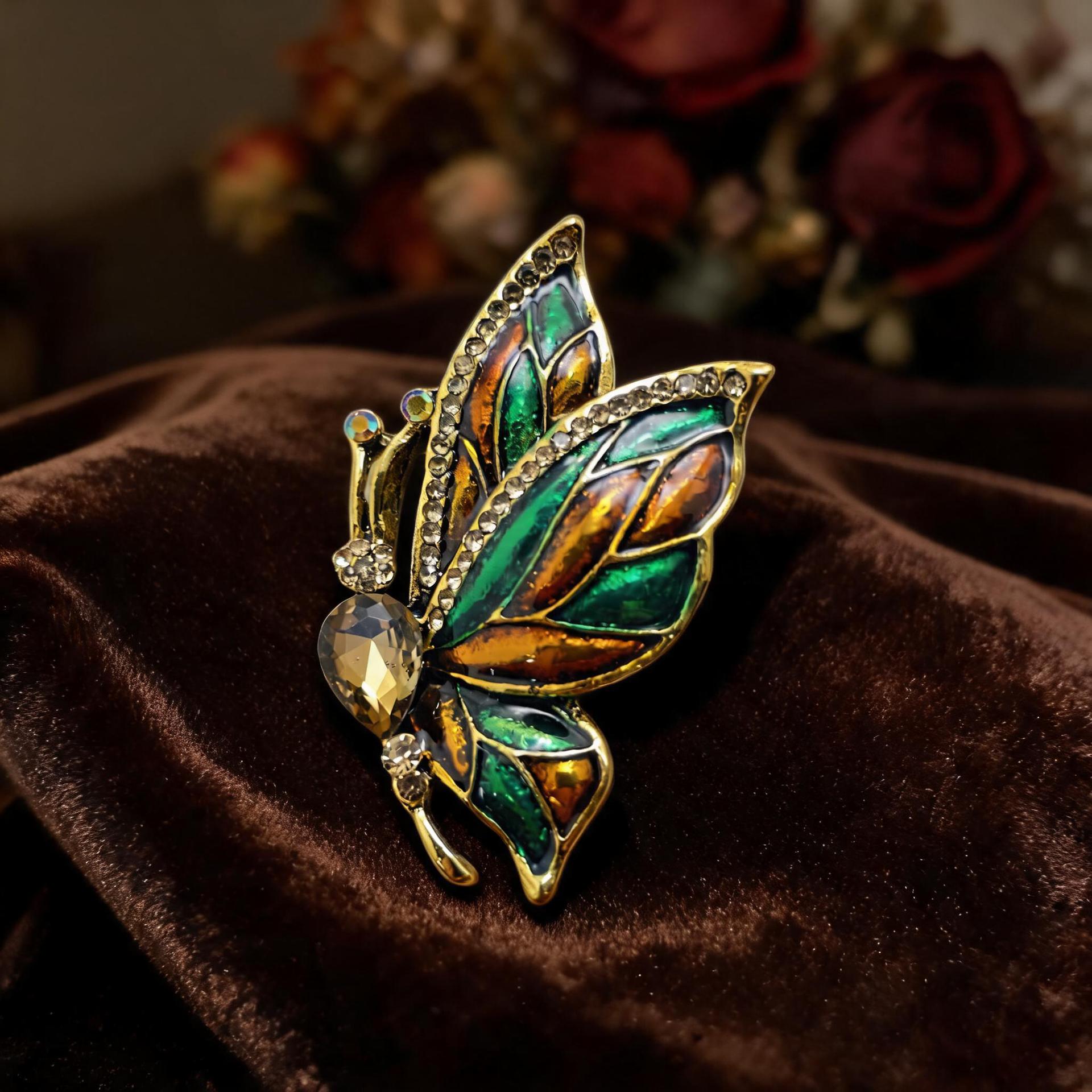 European and American high-end enamel-painted butterfly brooch for women, fashionable oil-drip inlaid with diamonds, high-end niche brooch wholesale