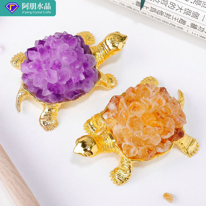 跨境天然水晶簇乌龟摆件紫黄白水晶原石扩香石手工diy工艺品摆件