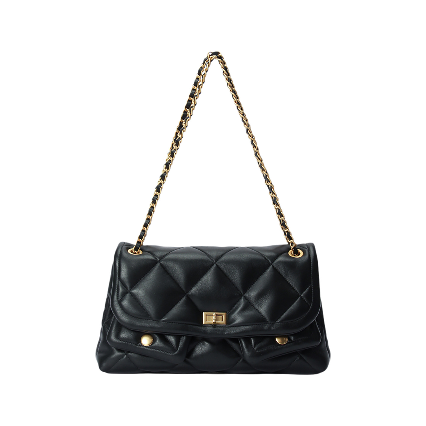 Xiaoxiangfeng Mittelalterliche matte Schultertasche mit zwei Fächern, Rindsleder, Rautenmuster und Kette, großes Fassungsvermögen_voghion.com