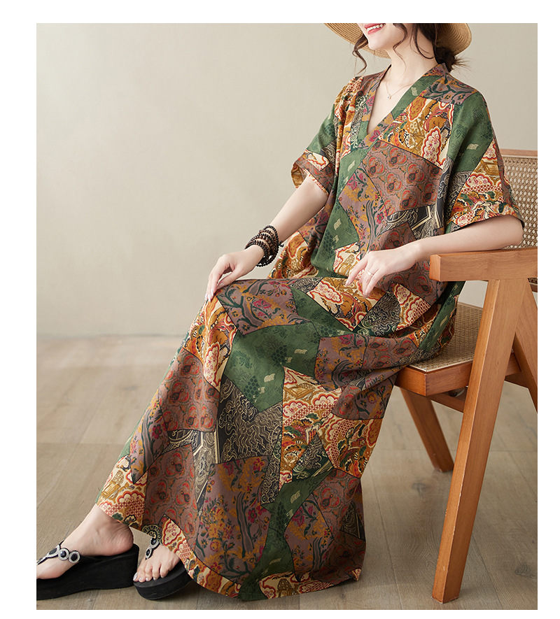 Vintage V-ausschnitt Strandkleid Aus Baumwollleinen Locker Geschnitten_voghion.com