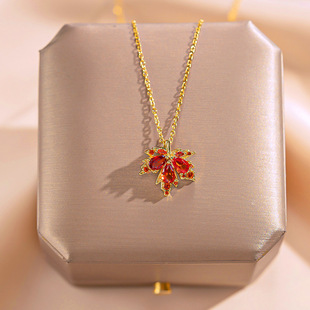 Red Maple Leaf Necklace Women's Exquisite Zircon Light Luxury Clavicle Chain Titanium Steel Fashion All-match High-end Sense Accessories