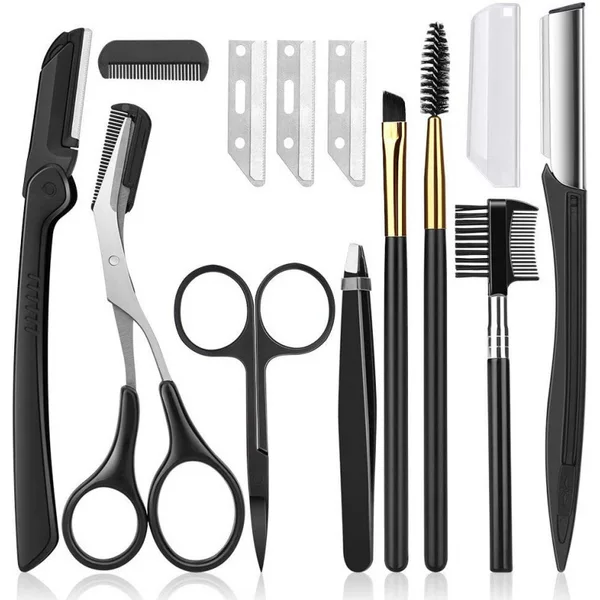 Stainless steel folding eyebrow trimmer for beginners beauty makeup eyebrow trimmer black eyebrow clip with comb eyelash brush eyebrow trimmer 8-piece set