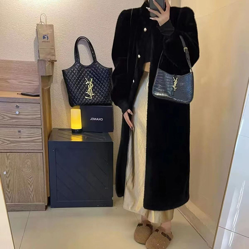 Thick puff sleeve long mink velvet coat new stand collar loose slimming gentle sweet coat fur integrated