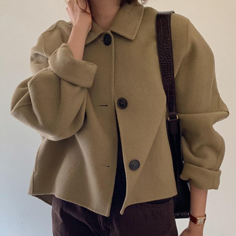 South Korea Chic Autumn and Winter New Vintage Lapel Casual Loose Bubble Sleeve Short Woolen Short Coat Cardigan for Women