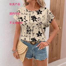 跨境新款欧美亚马逊速卖通圆领印花女装衬衫时尚花卉短袖