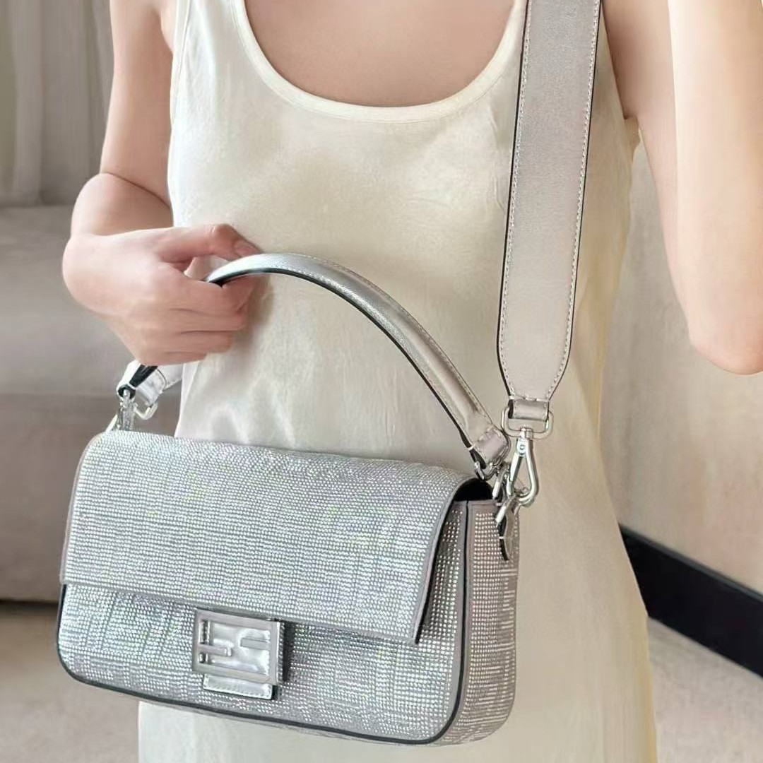 F家2025新款双F满钻真皮女包手提单肩斜挎包法棍水晶包包邮差包